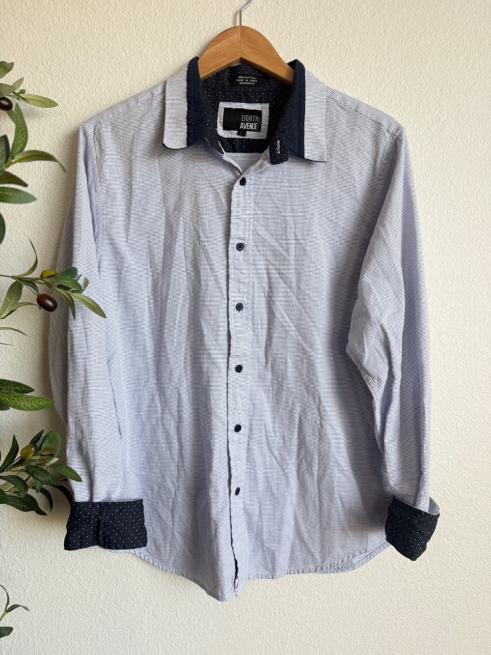 Eighth Avenue Button Down Shirt Blue Cotton Contrast Collar Men’s Size Large